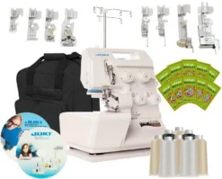 Juki Pearl Line MO-654DE 2/3/4 Thread Serger W/ BONUS Package Includes Juki Instructional DVD Video, Juki Electronic Workbook, Juki 8 Foot Kit, 8 Cones Of Thread, 50 Organ Needles, And Creative Notions Serger Tote Bag